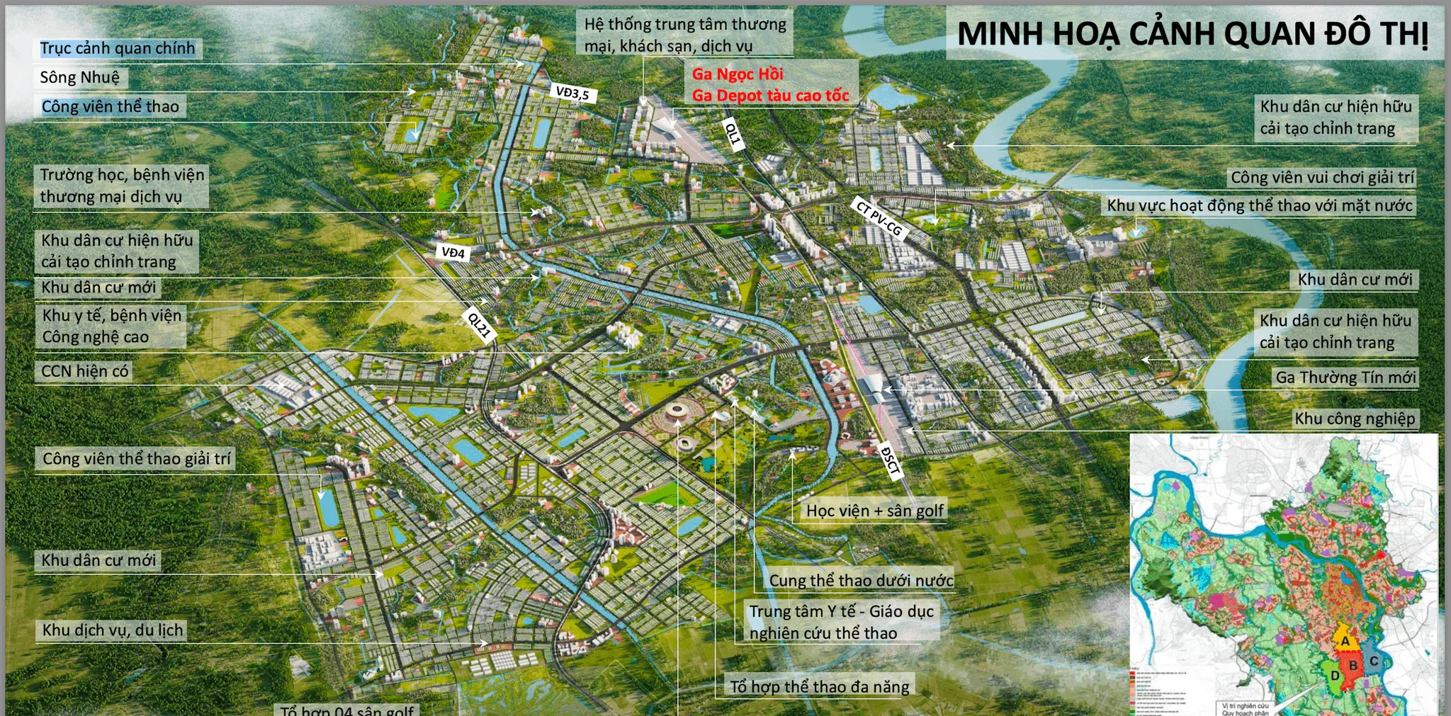 Phối cảnh quy hoạch tổng thể dự án Vinhomes Olympic với hạ tầng giao thông kết nối Vành đai 4, Vành đai 3.5, Ga Ngọc Hồi và tổ hợp thể thao đa năng.